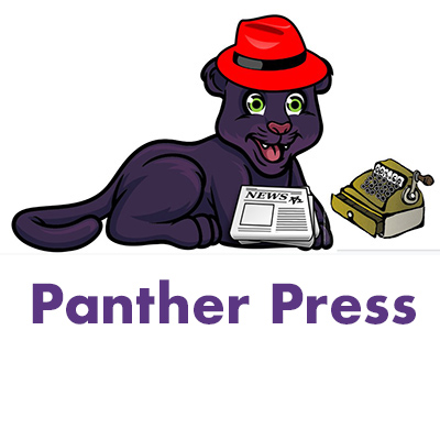 illustrated panther holding a newpapaer with adding machine next to it.